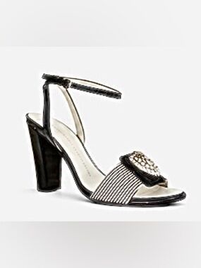 Giuseppe Zanotti Crystal  Patent Leather Heels Black White Striped Sandals 37